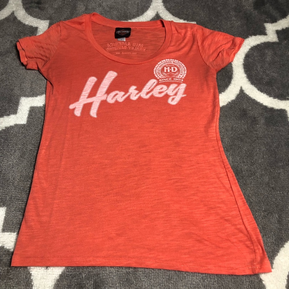 Harley Davidson Tshirt Womens Medium Orange White Short Sleeve Spellout Burnout